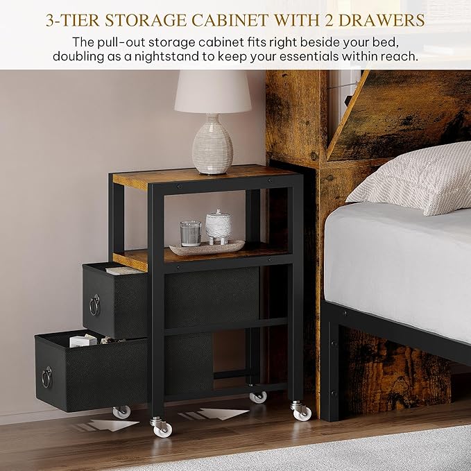 DWVO Queen Size Bed Frame with Storage Bookcase Headboard & RGB LED Lights, Slide Out Bedside Storage, Charging Station, Heavy Duty Metal Slats, No Box Spring Needed, Noise-Free, Rustic Brown