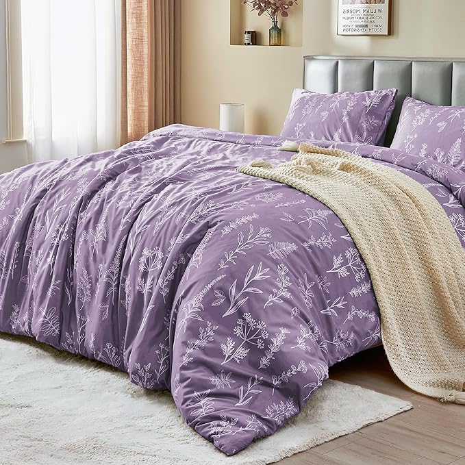 MUXHOMO Duvet Cover Full Size, Reversible Floral Grayish Purple Duvet Cover Set with Zipper Closure, 3 Pieces Botanical Patterns Soft Microfiber Bedding Set with 4 Ties (80"x90", 2 Pillow Cases)