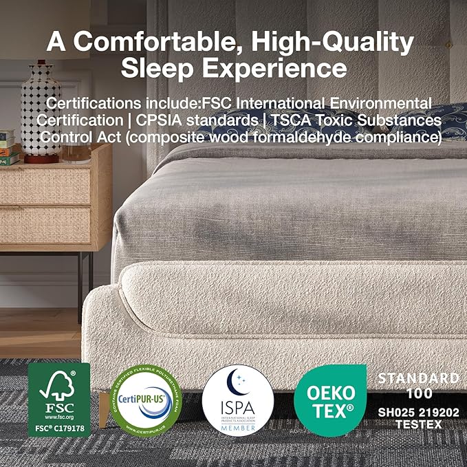 Novilla Queen Bed Frame with Charging Station & LED Lights, Upholstered French Luxury Platform Bed with Wingback Headboard, Lamb Wool Fabric, No Box Spring Needed, Easy Assembly, Cream White