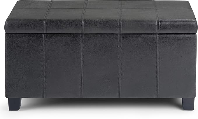 SIMPLIHOME Dover Storage Ottoman Bench - 36 inch Wide Upholstered Vegan Leather Rectangular Lift-Top Ottoman in Distressed Black, Contemporary Bench for Living Room with Safety Hinges
