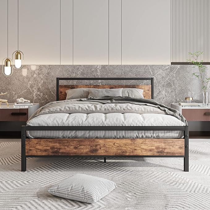 HOJINLINERO Queen Bed Frame with Headboard,Metal Platform Bed Frame Queen Size with Storage No Box Spring Needed,Heavy Duty Steel Slats,Bedframe Mattress Foundation,Black & Rustic Brown