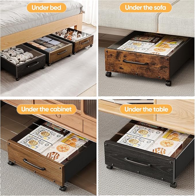 KITHELP Wooden Under Bed Storage with Wheels, Rolling Under the Bed Storage Bins with Removable Lid, Metal Under Bed Drawers for Clothes and Shoes in Bedroom or Living Room(Black Wood-1pack)
