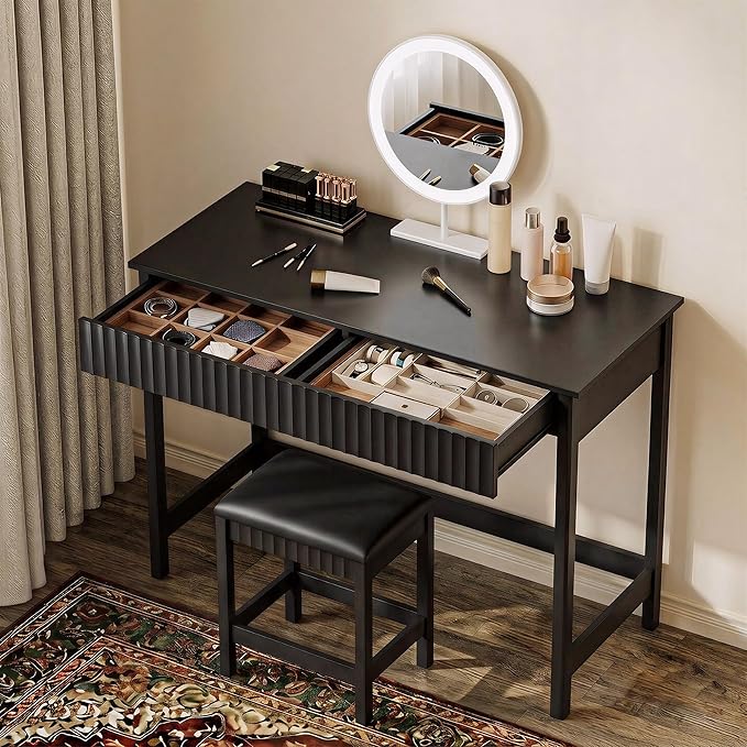 ChooChoo 47.2 Inch Modern Desk with Drawers, Makeup Vanity Desk with Padded Stool, Writing Computer Desk for Home Office & Bedroom, Black