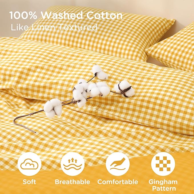 TOCOMOA Yellow Gingham Duvet Cover Bedding Set 100% Washed Cotton Like Linen Feel Super Soft Comfortable 3 Piece Vintage Plaid Checkered Comforter Cover Set (Queen 90"x90", Comforter Not Included)