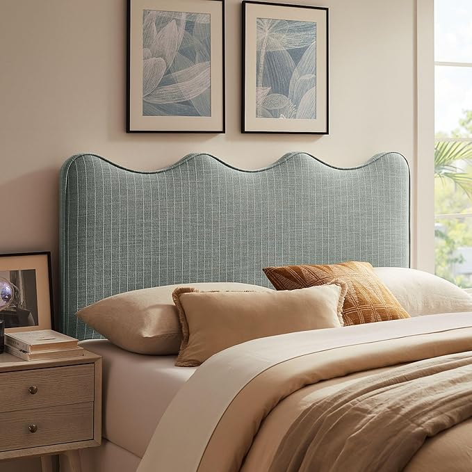 Monday Athena Striped Fabric Upholstered Queen Size Adjustable Headboard in Spa Blue Stripe - with Scalloped Wave Design and Soft Linen-Like Fabric