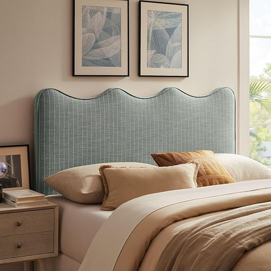 Monday Athena Striped Fabric Upholstered Queen Size Adjustable Headboard in Spa Blue Stripe - with Scalloped Wave Design and Soft Linen-Like Fabric