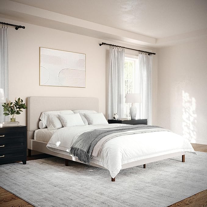 Martha Stewart Britta Platform Bed with Headboard & Footboard, Faux Linen Upholstery with Piping Detail, Rounded Headboard, No Box Spring Needed, Queen, Beige