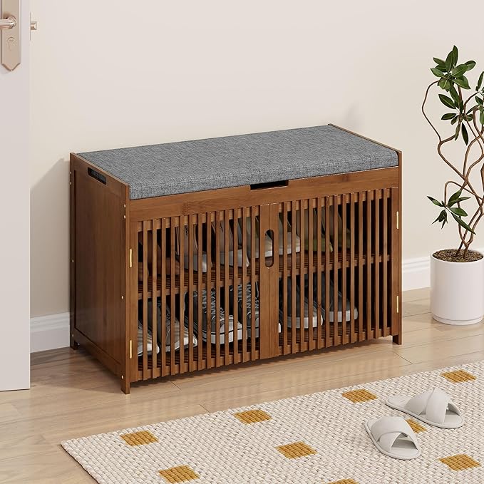 WISUCART Shoe Storage Bench with Cushion Seat, Bamboo Entryway Shoe Rack Bench, 2-Tier Shoe Organizer for Entryway, Bedroom, Hallway, Living Room, Holds Up to 330 lbs, Brown
