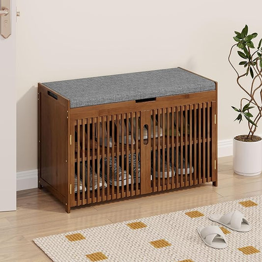 WISUCART Shoe Storage Bench with Cushion Seat, Bamboo Entryway Shoe Rack Bench, 2-Tier Shoe Organizer for Entryway, Bedroom, Hallway, Living Room, Holds Up to 330 lbs, Brown