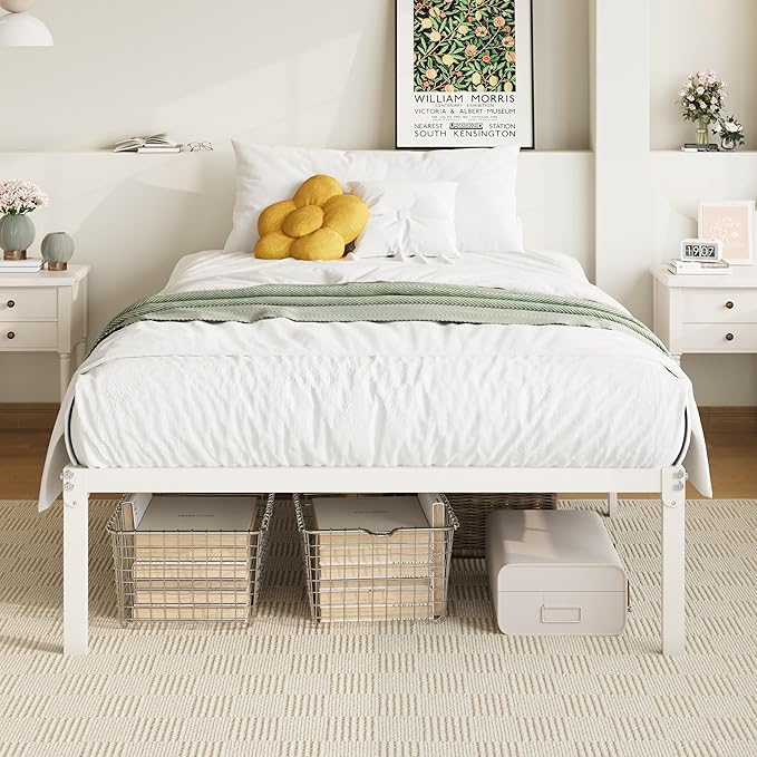 Allewie Twin Bed Frame, 14 inch Metal Platform Beds with Storage Space, No Box Spring Needed and Easy Assembly, White