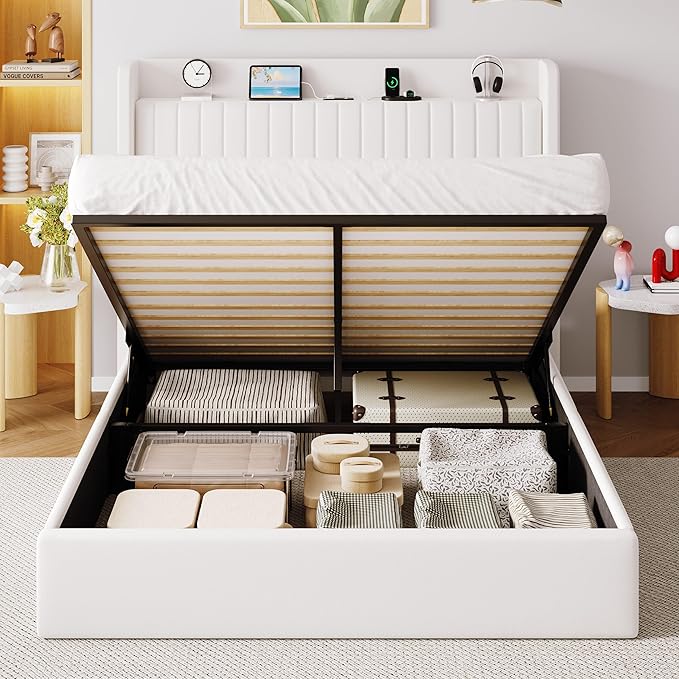 Allewie Queen Size Lift Up Storage Bed Frame,Storage Shelf Headboard with Charging Station,Type-C and USB Ports,Hydraulic Support,Velvet Upholstered Bed Frame,No Box Spring Needed,White