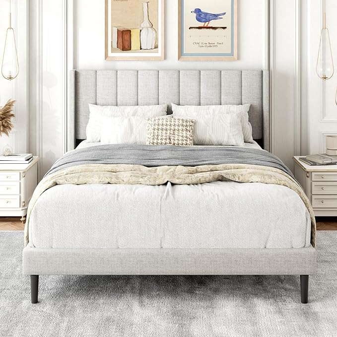 Gruwans Full Size Bed Frame with Upholstered Wingback Headboard, Easy Assemnly Platform Bed, Wooden Slat Support No Box Spring Needed, Sand