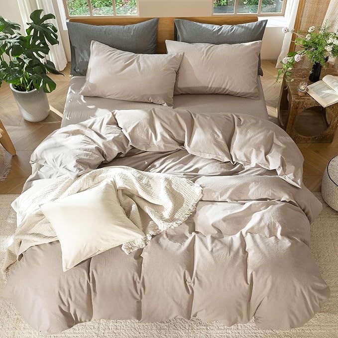 MooMee Bedding Duvet Cover Set 100% Washed Cotton Linen Like Textured Breathable Durable Soft Comfy (Heathered Taupe, Twin 68"x90")