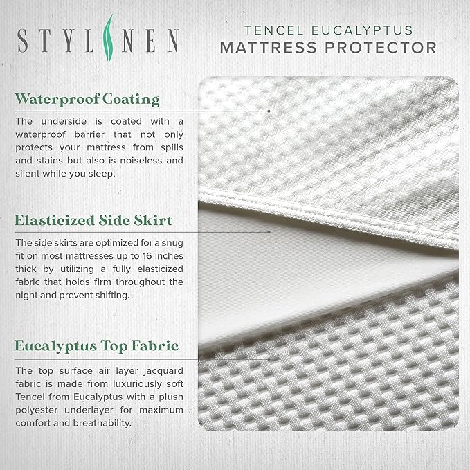 STYLINEN Tencel Eucalyptus Waterproof Mattress Protector - 100% Waterproof, Ultra Soft & Cooling with 16 Deep Pockets, Noiseless Protection from Stains & Spills (Full)