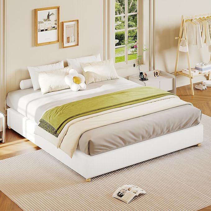 GarveeHome Queen Size Cloud Bed Frame，Corduroy Low Bed Frame Without Headboard, Thick Fabric Upholstered Platform Bed, Solid Wood Legs, No Box Spring Needed, Never Squeak, Easy Assembly, White