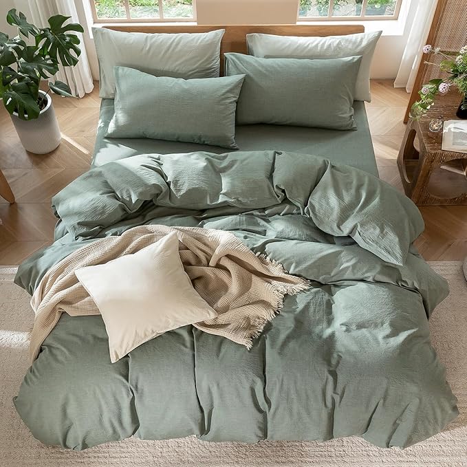 MooMee Bedding Duvet Cover Set 100% Washed Cotton Linen Like Textured Breathable Durable Soft Comfy (Heathered Green, Queen 90"x90")