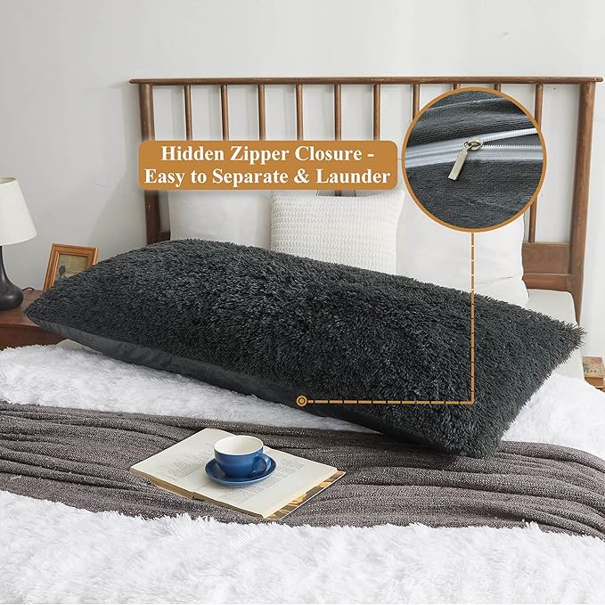XeGe Luxury Shaggy Faux Fur Body Pillow Cover, Fluffy Bed Pillow Case with Zipper Closure, Soft Decorative Plush Long Pillow Sham, Fuzzy Hug Pillow for Home Bedroom Pregnant Women 20"x54" Dark Gray