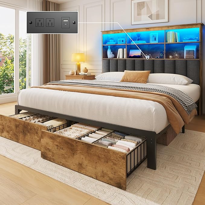 Lifezone Queen Bed Frame with Headboard, Queen Bed Frame with High Storage Bookcase Headboard, 2 Storage Drawers & Charging Station, No Box Spring Needed/Noise Free/All-Metal Support, Rustic Brown