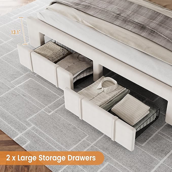 GarveeHome Full Size Bed Frame, Upholstered Platform Bed Frame with Storage Drawers, Mattress Foundation with Solid Wooden Slats Support, No Box Spring Needed, Beige