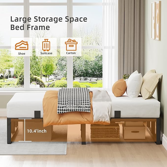 King Size Bed Frame, 12 Inch Metal Platform Bed Frames with Squeak Free U-Slot Design, 6 Non-Slip Guards, 3500lbs Heavy Duty Steel Slat Support, No Box Spring Needed, Under Bed Storage, Black