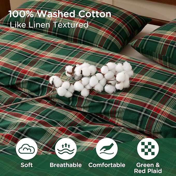 TOCOMOA Christmas Plaid Duvet Cover Set 100% Washed Cotton Like Linen Feel Super Soft Comfy 3 Piece Green Red Gingham Checkered Bedding Comforter Cover Set (Twin 68"x90", Comforter Not Included)