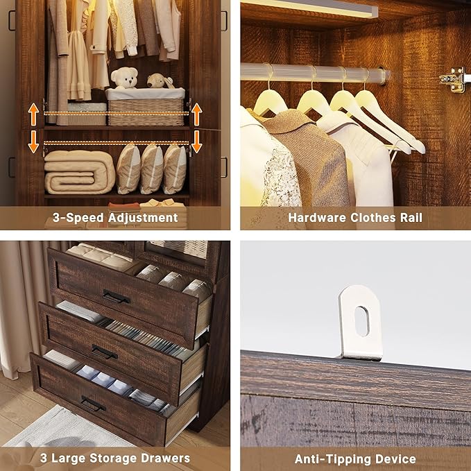 Hlivelood 75" Tall Farmhouse 6 Doors Armoire Wardrobe Closet with 6 Drawers and LED,Freestanding Closet Wardrobe Cabinet for Bedroom with Hanging Rod,Wooden Armoire Storage Cabinet(Brown 6 Doors 2)