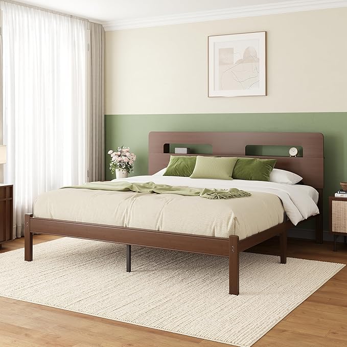 ZIYOO King Size 14” Walnut Bed Frame, Stylish Platform Bed with Natural Bamboo Outer Frame & Metal Slat Support, Under-Bed Storage Friendly, Tool-Free Assembly