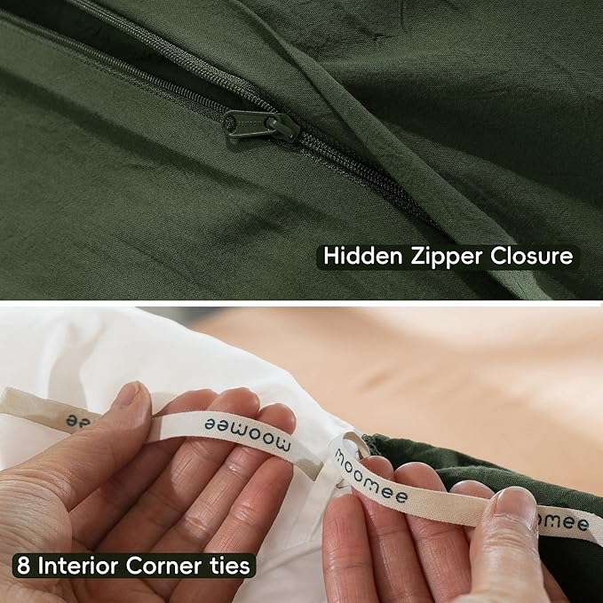 MooMee Bedding Duvet Cover Set 100% Washed Cotton Linen Like Textured Breathable Durable Soft Comfy (Solid Forest Green, Oversized Queen 98"x98")