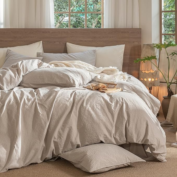 MooMee Wavy Striped Duvet Cover Set 100% Washed Cotton Linen Like Textured Breathable Durable Soft Comfy (Beige, Twin 68"x90")