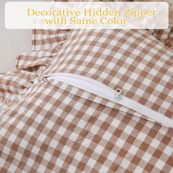 14x36 inches Taupe Plaid Ruffle Gingham Lumbar Throw Pillow Cover, Pure Cotton Decor Pillowcase French Country Vintage Fall Pillow Case for Bedding Couch