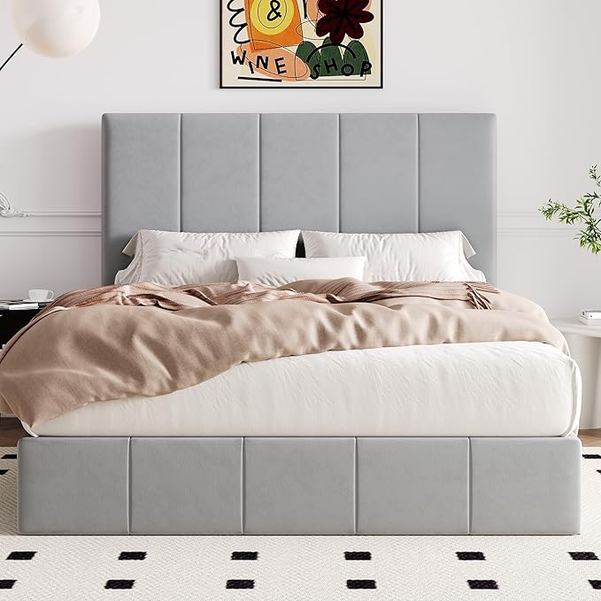 Allewie Queen Size Velvet Lift Up Storage Bed Frame, Vertical Channel Tufted Headboard, Hydrualic Underneath Storage, Upholstered Platform Bed, Wooden Slats Support, No Box Spring Needed, Gray