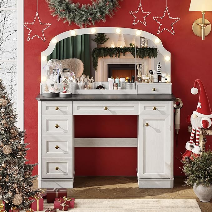 Farmhouse Makeup Vanity Desk with Mirror and Lights, 47'' Vanity Table with 8 Storage Drawers 1 Cabinet & 2 Organizer Trays, Large Dressing Table with Charging for Bedroom Rustic Black