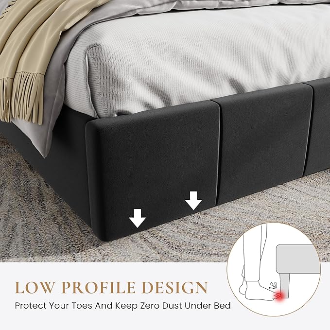 SHA CERLIN Queen Bed Frame, Dutch Velvet Upholstered Platform Bed, Vertical Channel Tufted Adjustable Headboard, Low Profile Bed Frame, No Box Spring Needed, Easy Assembly, Black