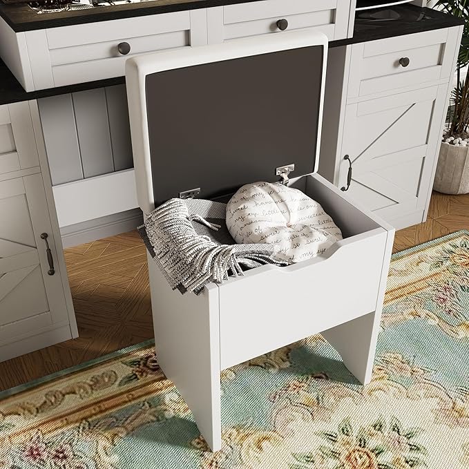 Farmhouse Vanity Desk with Mirror, 61.5" Makeup Vanity Table Set with Glass Visual Desktop and Cushion Stool, Dressing Table with 5 Drawers and 4 Cabinets for Bedroom
