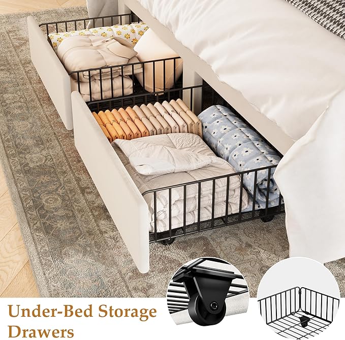 IDEALHOUSE Queen Bed Frame with Wingback Headboard, Velvet Upholstered Platform Bed with 2 Storage Drawers, Vertical Tufted Headboard Design, Wooden Slats Support, No Box Spring Needed, White