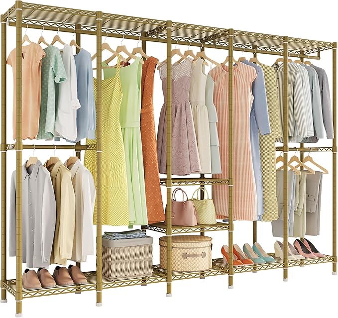 Higeego H5 Large Wire Garment Rack, Heavy Duty Clothes Racks, Wardrobe Closet Rack for Hanging Clothes, Freestanding Clothing Racks with Adjustable Shelf, 93.3" Wx15.7 Dx75.4 H, Gold, Load 1400 lbs