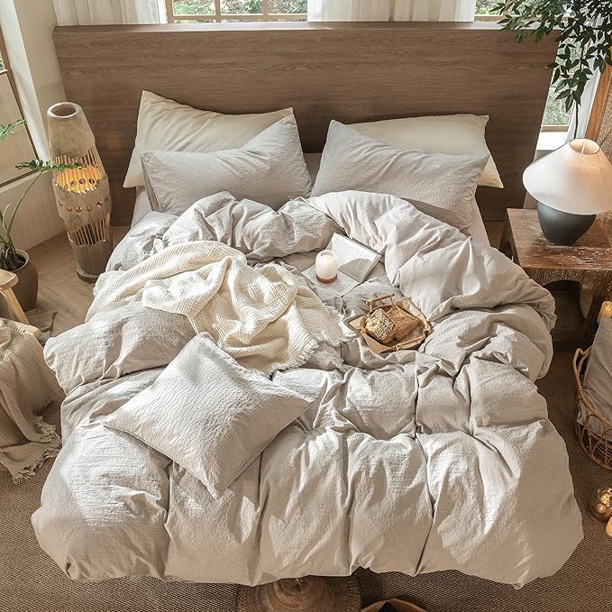 MooMee Wavy Striped Duvet Cover Set 100% Washed Cotton Linen Like Textured Breathable Durable Soft Comfy (Beige, Twin 68"x90")