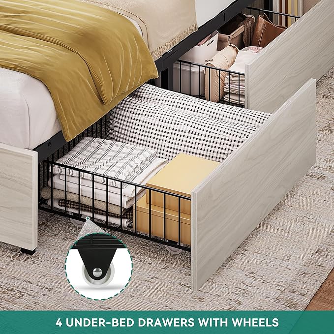 DWVO Queen Size Bed Frame with Bookcase Headboard and 4 Storage Drawers, RGB LED Bed Frame with Type-C & USB Charging Station Storage Headboard Bed, No Box Spring Needed, Noise Free, Antique White