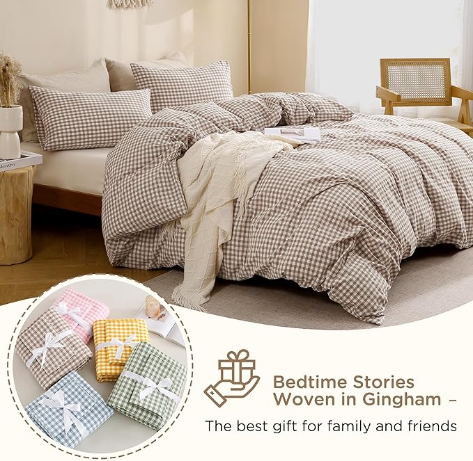 TOCOMOA Tan Gingham Duvet Cover Bedding Set 100% Washed Cotton Like Linen Feel Super Soft Comfy 3 Piece Brown Plaid Checkered Comforter Cover Set (Oversized King 120"x98", Comforter Not Included)
