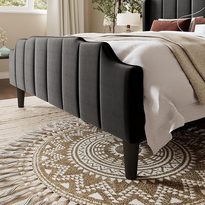 Allewie Vintage Full Size Velvet Platform Bed Frame with Curved Vertical Tufted Wingback Headboard and Footboard, Charging Station, Easy Assembly, Under Bed Storage, No Box Spring Required, Black