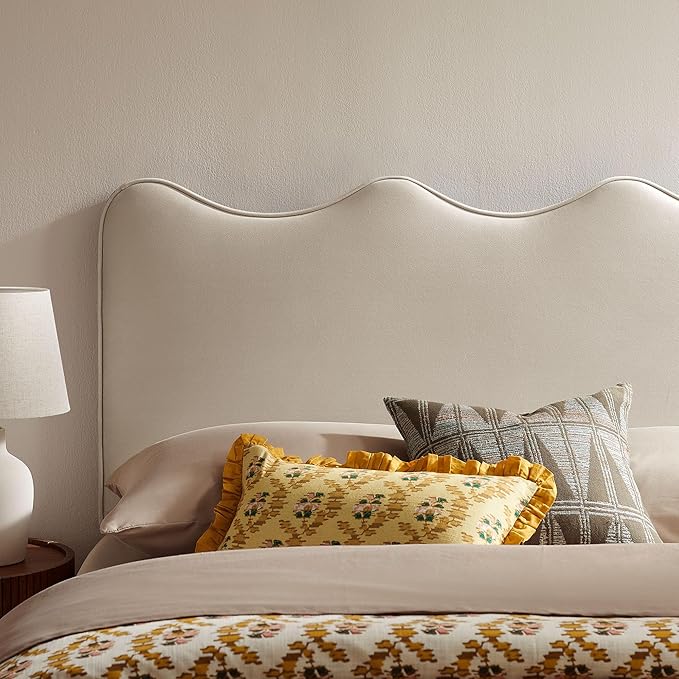 Monday Athena Full Size Performance Velvet Adjustable Headboard in Almond - with Scalloped Wave Design and Stain-Resistant Velvet Upholstery