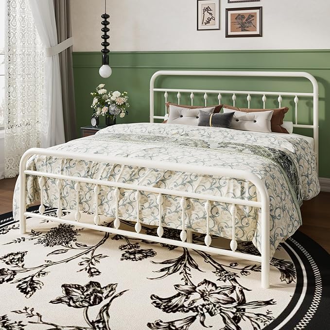SHA CERLIN King Size Metal Platform Bed Frame with Victorian Style Iron-Art Headboard and Footboard, Easy Assembly, Under Bed Storage, No Box Spring Required, Off White