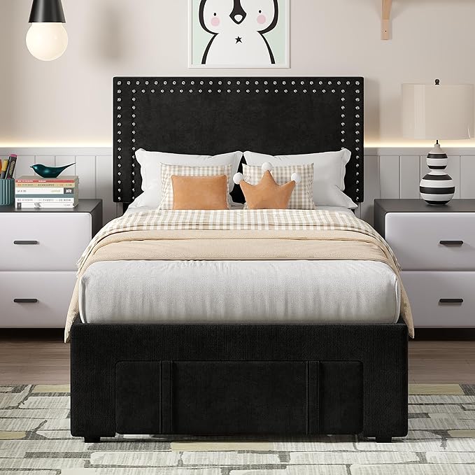 VECELO Twin Size Upholstered Bed Frame with Storage Drawer, Adjustable Velvet Rivet Decor Headboard, Wooden Slats Platform Support, No Box Spring Needed, Easy Assembly,Black