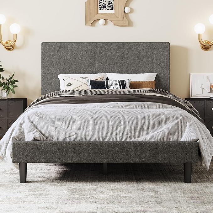 SHA CERLIN Queen Size Platform Bed Frame with Adjustable Headboard and Wooden Slats Support, Boucle Upholstered Mattress Foundation, No Box Spring Needed, Easy Assembly, Dark Grey