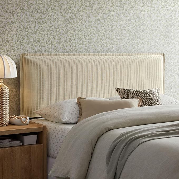 Modway Camille Queen Size Striped Linen Blend Pinstripe Headboard with Removable Slipcover – in Oatmeal Stripe - Padded Pillow Style Headboard with Adjustable Mounting for Queen Beds