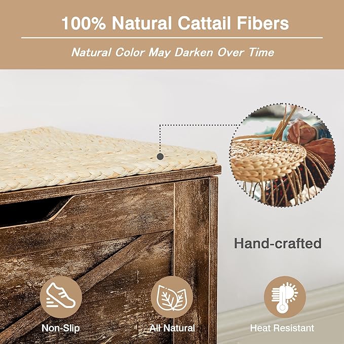 VECELO 30" Storage Chest with Lift Top Storage, Farmhouse Style Ottoman with Handwoven Wicker Cushion, Safety Hinges, Ideal for Entryway, Bedroom, Living Room, Walnut Brown