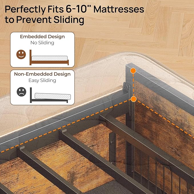Rolanstar Full Size Bed Frame with 4 Storage Drawers, Charging Station and LED Lights, Metal Platform Bed with 2-Tier Storage Headboard, No Box Spring Needed, Easy Assembly, Noise-Free, Rustic Brown