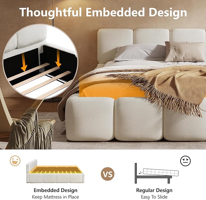 Merax Queen Size Boucle Platform Bed with Thick Headboard and Footboard, Block Style Upholstery Grounded Bed Frame, White