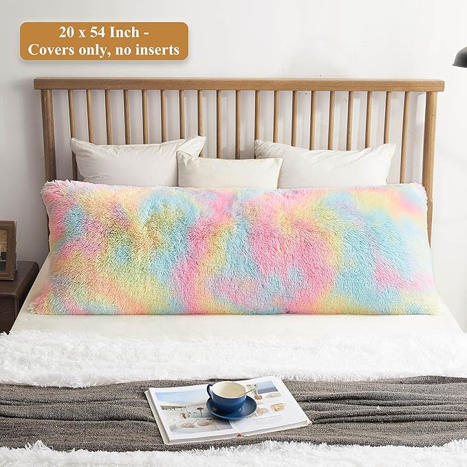 XeGe Rainbow Shaggy Faux Fur Body Pillow Cover, Tie Dye Fluffy Bed Pillow Case with Zipper, Soft Decorative Plush Long Pillow Sham, Fuzzy Hug Pillow for Kids Children Girls Women 20"x54" Rainbow