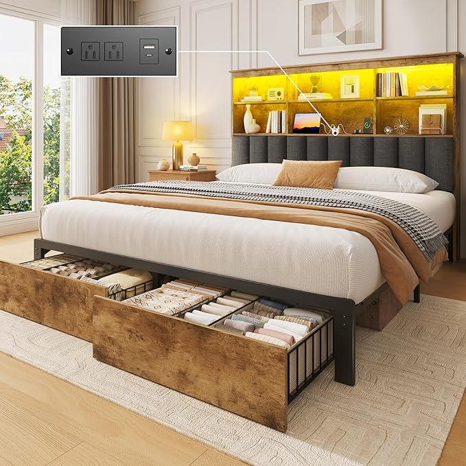 Lifezone Queen Bed Frame with Headboard, Queen Bed Frame with High Storage Bookcase Headboard, 2 Storage Drawers & Charging Station, No Box Spring Needed/Noise Free/All-Metal Support, Vintage Brown